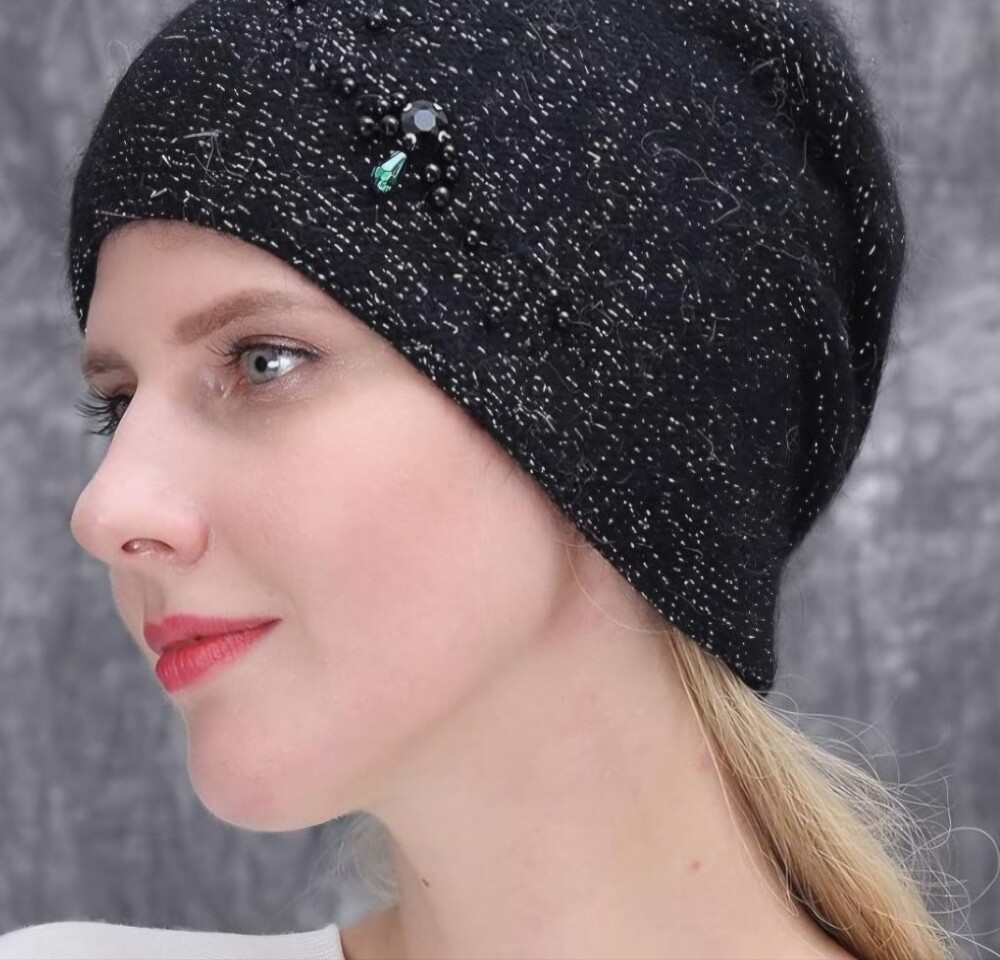 Black Speckled Knit Hat with Bead Accent Source Unknown